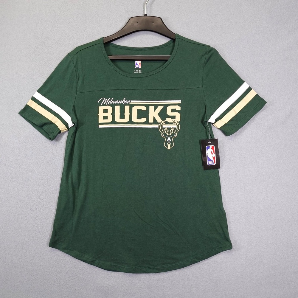 NBA Shirt Womens Large Green Milwaukee Bucks Short Sleeve Basketball Fan Tee